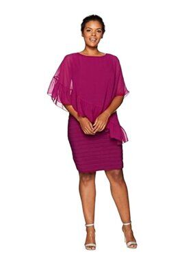 Adrianna Papell NWT Pink Sangria Banded Sheath Chiffon Ruffle Cape Dress